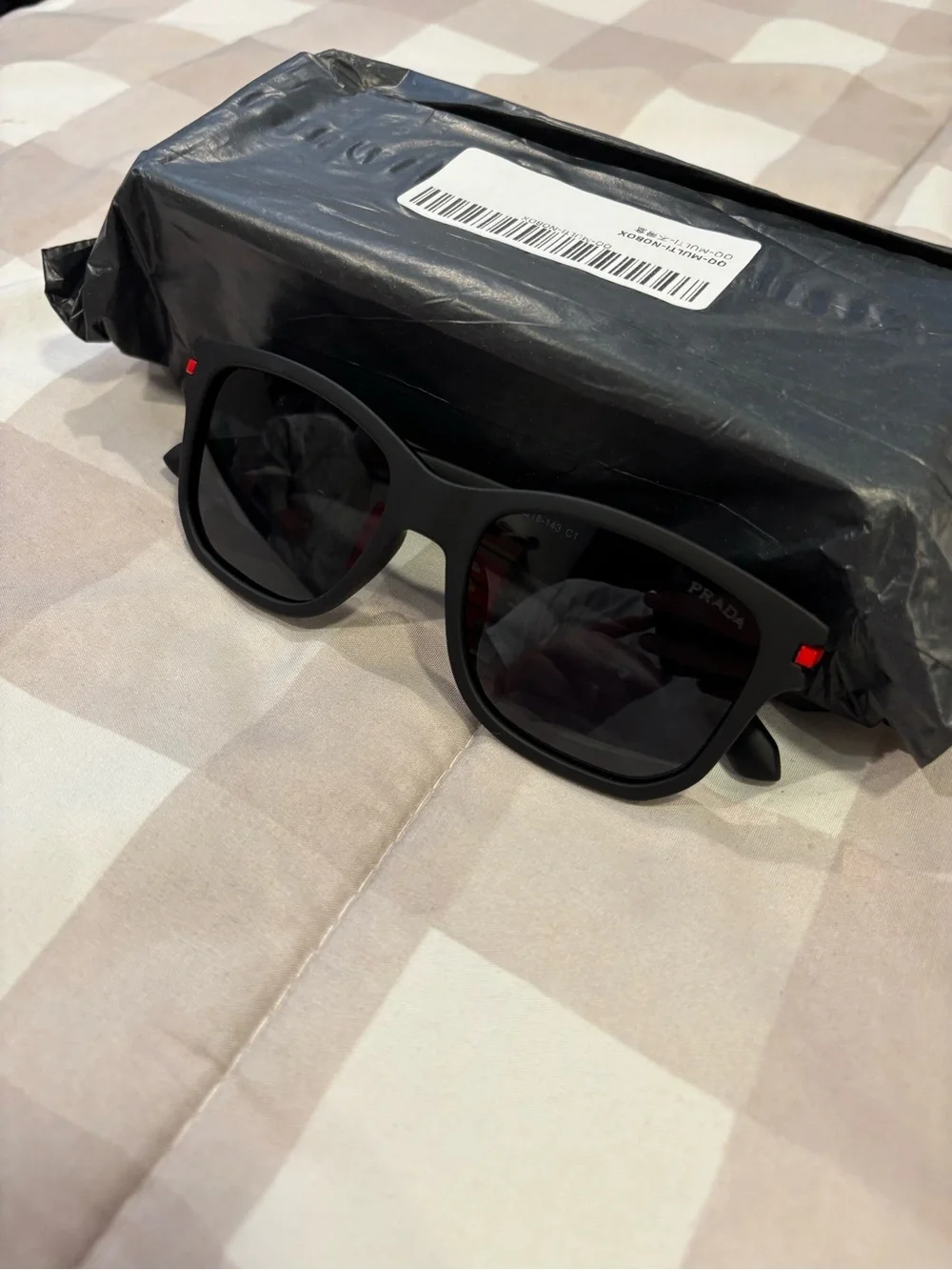Prada Linea Rossa Black Rectangle Sunglasses Red Logo